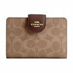 COACH SignatureCanvas 13 Prekės ženklo logotipas Spaudžiamas užsegimas Auk&scaron;čiausios kokybės odinė Piniginė Maža Moteri&scaron;ka Smėlio spalvos su rudos spalvos Smėlio spalvos ir rudos spalvos ruda