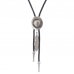 Juoda PU oda Vakarų Rodeo Bolo Tie Bola karoliai Antikvarinis žalvaris 104cm antikinės sidabrinės spalvos
