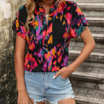 SOWOOLIFE moteri&scaron;kos mados kasdieninės gėlėmis spausdintos palaidinės ir mar&scaron;kiniai trumpomis rankovėmis V i&scaron;kirpte S