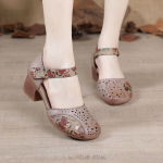 Retro etniniai sandalai moterims Natūralios odos storas kulnas su mink&scaron;tu padu apvyniotu pir&scaron;tu Neslysta tu&scaron;čiaviduriai vidutinio amžiaus motininiai batai su viduriniu kulnu.