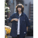 Japoni&scaron;kas Retro Mados Prekės Ženklas Vasariniai Laisvi Džinsiniai Mar&scaron;kiniai Trumpomis Rankovėmis Meninis Jaunimo Darbo Drabužių Mar&scaron;kiniai Vyri&scaron;ka ir Moteri&scaron;ka Daugiasluoksnė Striukė M tamsiai mėlyna spalva