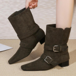 Madingi moteri&scaron;ki aulinukai su kulnu 2025 m. žiema Suede Madingi bateliai su sagtimi Dizainerio Eleganti&scaron;ki trumpi batai Suknelės bateliai Nauji Klasikiniai Zapatos 43 armijos žalia spalva