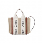 Chloe Woody logotipas spausdintas lininis drobės ir ver&scaron;io odos rankinė moteri&scaron;kos rankinės smėlio spalvos ruda CHC22AP237I2690U Basic Set (Bag+Dust Bag)