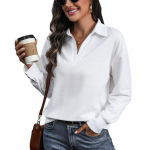 Pavasario ir rudens moteri&scaron;ka palaidinė ilgomis rankovėmis, laisvalaikio megztiniai su V formos i&scaron;kirpte ilgomis rankovėmis S balta