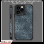 &bdquo;Jean Denim&ldquo; audinys, spausdintas vertikaliai grūdėta oda, mink&scaron;tas silikoninis telefono dėklas, galinis dangtelis su fotoaparato objektyvo apsauga iPhone 15 Pro Max