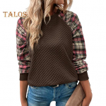 Moteri&scaron;ki rudens pavasario megztiniai su languotu spaudiniu apvaliu kaklu, laisvomis ilgomis rankovėmis, rombo tekstūros, kasdienės dėvėjimo sportinė vir&scaron;ūnė M abrikosas