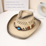 Boho pintos grandinėlės kaubojų skrybėlė Vintage kvėpuojanti skrybėlė nuo saulės &scaron;iaudinė skrybėlė Unisex skrybėlės nuo saulės Kelioninė paplūdimio kepurė moterims, vyrams ONE SIZE pilka spalva