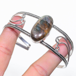 Natural Labradorite Gemstone 925 Sterling Silver Cuff Bangle Adjustable l9b11