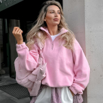 Rožinis megztinis su užtrauktuku Moteris Madingas megztinis Negabaritinis gobtuvas Y2K Street Style Moteri&scaron;ki vilnoniai žieminiai paltai Striukės M rožinė