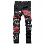 Madingi raudoni languoti kratiniai Punk Rivet Vyri&scaron;ki Liekni džinsai Kelnės Kaukolės raidžių spausdinimas Hip Hop Chain Džinsinės kelnės 2XL