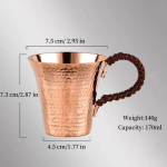 Vintažinis gryno vario puodelis, rankų darbo plaktuko tekstūros pynimo rankena, pusryčių, mula, pienui, alui, kavai, 170 ml puodelis, arbatos gertuvė, stalo indai 170ml beige