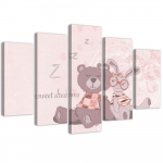 Penkių dalių paveikslėlių spausdinimas ant drobės Teddy Bear Pink Bunny