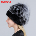 JERYAFUR Moteri&scaron;ka natūralaus audinės kailio kepurė Lapė Pompom Triu&scaron;io Gėlės Stilingos &Scaron;iltos Mados Merginos Tikro Kailio Žieminė Kepurė Megzta