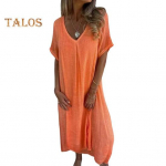 Moteri&scaron;ka vasarinė suknelė V kaklu trumpomis rankovėmis laisvomis vientisos spalvos plona, ​​mink&scaron;ta, kvėpuojanti bohemi&scaron;ko stiliaus, vidutinio blauzdos ilgio paplūdimio midi suknelė S oranžinė