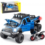 1/24 mastelio žaisliniai pikapai, sunkvežimio žaislas, Ford F150 Diecast metalinis pikapas su garsu ir &scaron;viesa, 6x6 visureigiai traukiami sunkvežimiai su motociklu vaikams 1/24-Size:21.5*8.5*8.5cm mėlyna