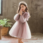 Pavasaris ruduo Vaikams Mergaičių Suknelės Žibintai Rankovės Nėriniai Princesė Suknelė Perlas Saldi O formos tinklelis Vakarėlis Vaiki&scaron;ki Drabužiai Vestidos 150cm violetinė