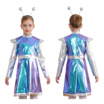 Little Girls Alien Cosplay Kostiumas Kosmoso Kosmoso Gražuolio kostiumo Metalinė suknelė su plaukų lanku Astronautas Helovino vakarėlio apranga 11-12 Years mėlyna