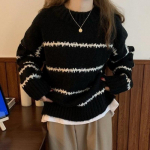 Retro apvaliu kaklu Laisvi rudeniniai megztiniai Megztiniai Moteri&scaron;ki Madingi ilgomis rankovėmis Dryžuotas megztinis Moteri&scaron;kas Eleganti&scaron;kas Lieknas džemperiai Žieminiai drabužiai 25534 One Size chaki