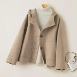 Smulkios moters Hepburn stiliaus juodas vilnonis paltas su kapi&scaron;onu - Trumpas, Dvipusis 2024 m. rudeniui/žiemai Large
