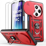 Coque pour Xiaomi Redmi 14C avec 2 Verres Tremp&eacute;s, Coque Rouge Antichoc Rigide avec Protection Cam&eacute;ra