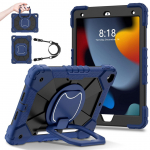Skirta Apple iPad 10.2 (2019 m) 360&deg; besisukantis rankenos stovas, tvirtas apsauginis stovas, TPU + PC, 3in1, smūgiams atsparus plan&scaron;etinių kompiuterių dėklas iPad 10.2 (2019) tamsiai mėlyna spalva