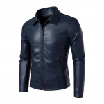 Vyri&scaron;ka bomber stiliaus dirbtinės odos striukė Vyri&scaron;ka vienspalvė kasdieninė prigludusi striukė Paltai Vyri&scaron;ka motociklininko striukė su stovinčia apykakle Mada L mėlyna