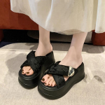 Madingi 8 cm auk&scaron;takulniai stambūs, platforminiai &scaron;lepetės, skirtos moterims atvirais pir&scaron;tais, odiniai plei&scaron;tai sandalai, moteri&scaron;ki, vasariniai, moteri&scaron;ki paplūdimio &scaron;lepetės 34