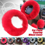 38 cm raudonas grynos vilnos vairo dangtelis, tikras avikailis, automatinis pliu&scaron;as, &scaron;iltas, pūkuotas, nery&scaron;kus automobilio priedai, moteri&scaron;ki, mergaičių automobiliai 15