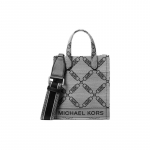 MICHAEL KORS Gigi raidės logotipas deimantinės grandinėlės ra&scaron;to audinio pirkinių krep&scaron;ys pirkinių krep&scaron;ys per petį įstrižai rankinė moteri&scaron;ka smėlio ir juodos spalvos ypač maža juoda
