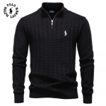 Ralph Lauren 2026 m. rudens ir žiemos siuvinėtas naujas dryžuotas žakardinis vyri&scaron;kas didelio dydžio megztinis, su pusiau užtrauktuku, stovinčia apykakle, verslo megztinis S juoda