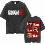 Per dydžio rūg&scaron;timi skalbinių apdorojimo vintažiniai trumpomis rankovėmis mar&scaron;kinėliai su &bdquo;Red Dead Redemption 2&ldquo; logotipu ir &bdquo;Žmogus, planas, žiurkė&ldquo; memu dvipusiu grafiniu spaudiniu S įvairiaspalvis