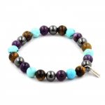 Pierres et Min&eacute;raux. Bracelet Perles Am&eacute;thyste + Oeil de Tigre + Turquoise + H&eacute;matite 8 mm. Fabriqu&eacute; en France.