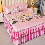 Ledinio &scaron;ilko nėrinių lovos sijonas ir vėsus kilimėlio rinkinys - Kvėpuojantis rotango dizainas 2.0*2.2m with Bedskirt + 2 Pillowcases