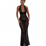 Moteri&scaron;ka permatoma tinklelio maksi suknelė su blizgučiais, perregima halterio ilga suknelė, gilia V formos i&scaron;kirpte, atvira nugara, prigludusi prie kūno suknelė, seksuali apranga vakarėliams XL juoda