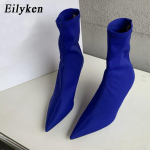 Pavasaris Ruduo Tampri Medžiaga Moteri&scaron;ki Ankle Boots Seksualūs Smailūs Pir&scaron;tai Auk&scaron;ti Kulniukai Madingi Moteri&scaron;ki Kojinės Siurbliai Batai 39 mėlyna