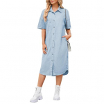 Džinsinė suknelė moterims trumpomis rankovėmis, džinsinė suknelė su sagomis, atlapais, mar&scaron;kinių tipo, vasarinė midi suknelė su ki&scaron;enėmis XL &scaron;viesiai mėlyna spalva