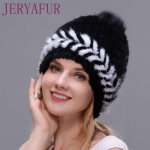 JERYAFUR Žieminė kailinė kepurė Moteri&scaron;ka kepurė audinės kepurė Megzta lapės kailio slidinėjimo kepuraitė CHINA&One Size juoda/mėlyna