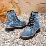 Storas padas Džinsiniai Ankle Boots Moterims 2025 Rudens Mada Dažyti Tie-Dye &Scaron;oninis Užtrauktukas Vakarų Kauboji&scaron;ki Batai Moteri&scaron;ki Platforminiai Batai Didelis Dydis 36 mėlyna