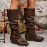 Metalo Dekoro Blokiniu Kulnu Auk&scaron;takulniai Batai Vir&scaron; Kelio Moterims Retro Klostuoti PU Odos Vesternai Moterims Rudens Žiemos Užtrauktuku Platūs Aulai Botas 36