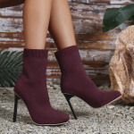 Seksualūs moteri&scaron;ki stiletto kulniukų kojinės batai Vienspalviai kvadratinės nosies tamprios įsispiriamos ankle boots Moteri&scaron;ki itin auk&scaron;ti kulniukai Megztos ankle boots 36 vyno raudonos spalvos
