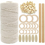 1 rinkinys Macrame virvelės medvilninės virvės su mediniu žiedu mediniais karoliukais, skirtos pakabinti ant sienos