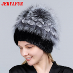 JERYAFUR Moteri&scaron;ka natūralaus audinės kailio kepurė Lapė Pompom Triu&scaron;io Gėlės Stilingos &Scaron;iltos Mados Merginos Tikro Kailio Žieminė Kepurė Megzta