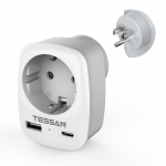 TESSAN kelioninis adapteris EU&ndash;US Socket Adapter su 2 USB, Travel Plug Adapter 2 Pin European Schuko to 3 Pin USA Kanada Meksika 1 Outlet & 2 USB Ports pilka spalva