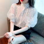 Retro žibintuvėlis rankovėmis balti nėriniuoti mar&scaron;kiniai madingi moteri&scaron;ki siuvinėjimai Eleganti&scaron;ka &scaron;ifoninė palaidinė, moteri&scaron;ka tinklinė vasarinė palaidinė Mujer Blusas 25068