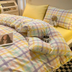 &Scaron;iaurieti&scaron;ko stiliaus japoni&scaron;ko stiliaus nespausdinta languota keturių dalių patalynė ir antklodės užvalkalas, skalbtas medvilninis &scaron;epečiu padengtas trijų dalių komplektas 1.2m bed sheet 3pcs