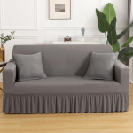 Labai elastingas, tamprus pagalvėlė sofos užvalkalas su sijonu Seersucker sofos užvalkalas Lengvai montuojamas baldų apsaugas 2-seater 145-185cm pilka