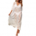 V formos i&scaron;kirptė, pusiau rankovė tu&scaron;čiavidurė, plona nuo saulės apsauganti suknelė Permatomo siuvinėjimo ra&scaron;tu nėriniuotu bikini paplūdimio apranga balta