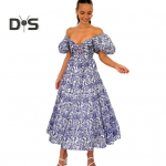 Moteri&scaron;ka vakarinė suknelė su burbulinėmis rankovėmis žemai nukirptais pečiais, spalvingais ra&scaron;tais A formos, didelis kra&scaron;tas, rai&scaron;tis, klostuota atostogų paplūdimio maxi suknelė S violetinė