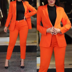 Moteri&scaron;ki komplektai, dvi dalys, rudens mados, su įpjovomis kakleliu ilgomis rankovėmis &scaron;varkas Eleganti&scaron;kas auk&scaron;to juosmens darbo kelnių komplektas biuro moteriai S oranžinė