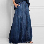 Moteri&scaron;ki medvilniniai laisvi, dideli bohemi&scaron;ki džinsiniai maksi sijonai Falda Lady 4XL Boho Vintage ilgas džinsinis sijonas 4XL tamsiai mėlyna spalva